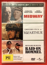 Load image into Gallery viewer, MIDWAY / MacARTHUR / RAID ON ROMMEL - 3 MOVIE SET DVD  (NEW/ SEALED)
