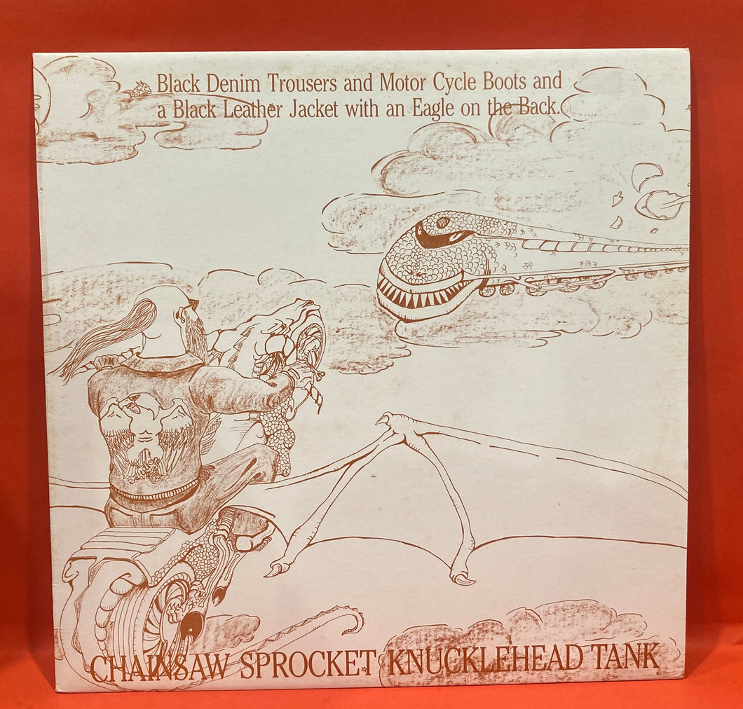 CHAINSAW SPROCKET KNUCKLEHEAD TANK - BLACK DENIM TROUSERS AND MOTOR CYCLE BOOTS AND A BLACK LEATHER JACKET WITH AN EAGLE ON THE BACK LP - VINYL