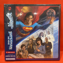 Load image into Gallery viewer, SUPERMAN &#39;78 / SUPERMAN: THE MOVIE  - LP + GRAPHIC NOVEL - &quot;METROPOLIS SWIRL&quot; COLOURED VINYL SOUNDTRACK BOX SET (NEW SEALED) MONDO

